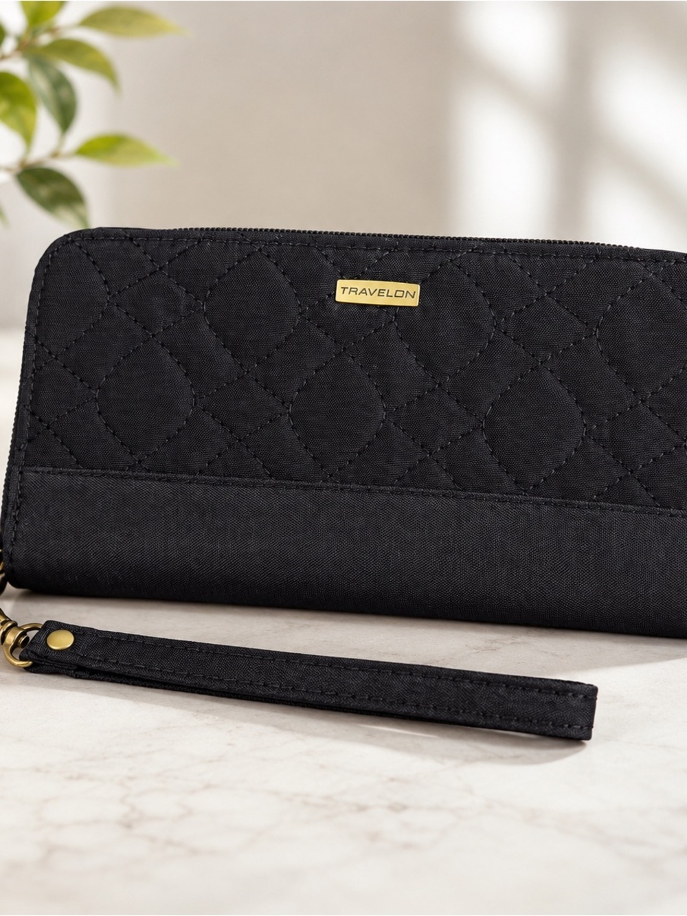 Travelon Black Quilted Wristlet Wallet with Gold Accent